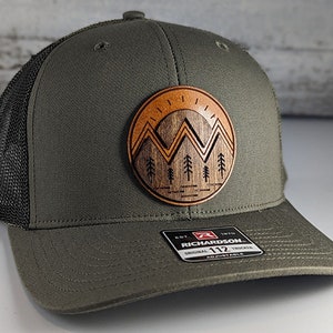 Mountain Wood on Leather Patch Hat, Best Selling Hats, Mans hat, Unique Hats for Men, Womans Hat, Unique Hats for Women, Unique Hats