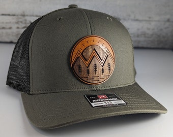 Mountain Wood on Leather Patch Hat, Best Selling Hats, Mans hat, Unique Hats for Men, Womans Hat, Unique Hats for Women, Unique Hats