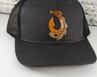 Hawaiian Fish Hook Patch Hat: Wood & Leather Inlay Snapback