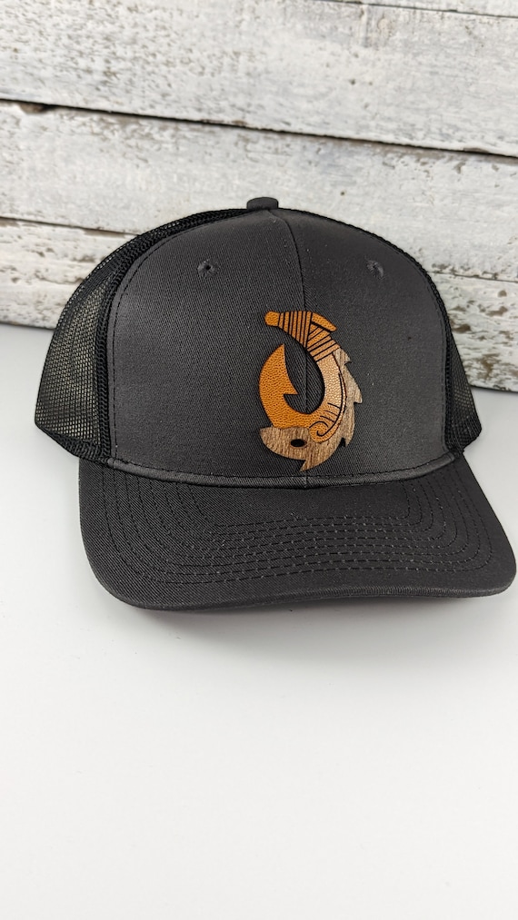 Fish Hook Wood on Leather Patch Hat, Best Selling Hats, Mans Hat