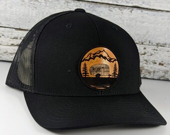 Camper Hat: Wood & Leather Patch, Mountain Landscape Snapback