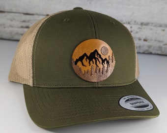 Mountain With Moon, Leather Patch Hat, Best Selling Hats, Mans hat, Unique Hats for Men, Womans Hat, Unique Hats for Women, Unique Hats