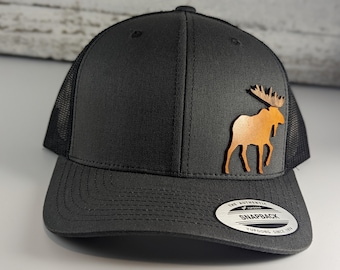 Moose Patch Hat: Leather & Wood Inlay Snapback