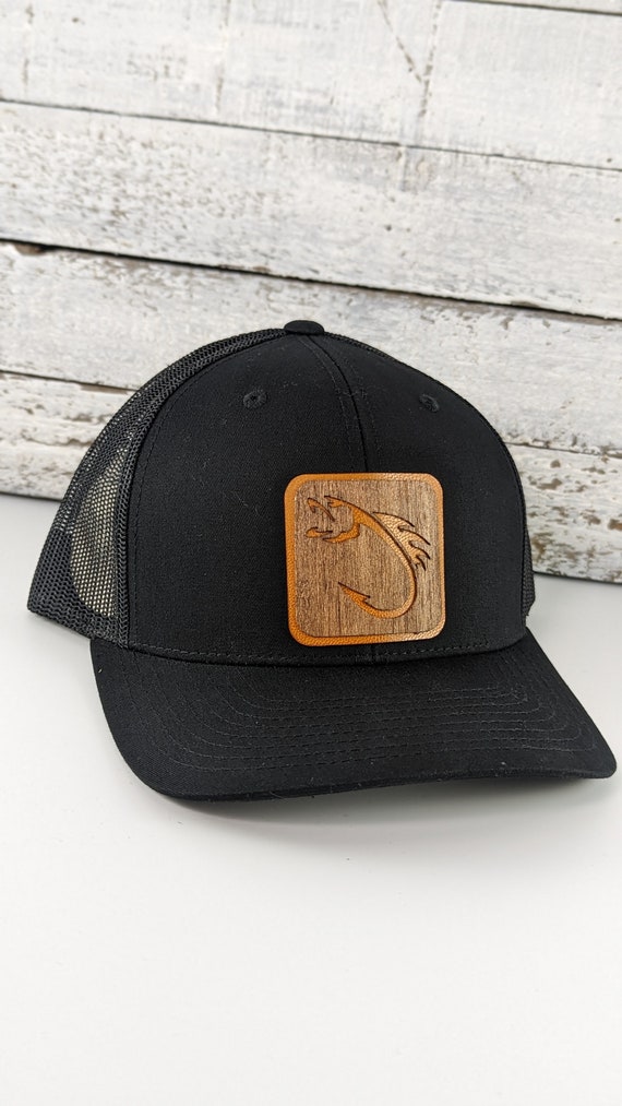 Fish Hook Wood on Leather Patch Hat, Best Selling Hats, Mans Hat