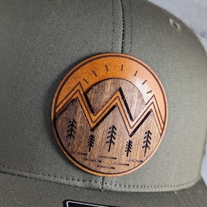 Mens Leather Patch Hat with Wood Inlay - 5th Anniversary Gift for Him - Richardson 112 Trucker Cap - Outdoorsman Gift - Mountain Landscape