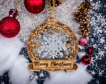 Laser Cut Merry Christmas Ornament – Wood and Acrylic, Snowflake/Santa