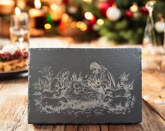 Laser Engraved Slate Cheese Board - 11.75" x 7.75" - "Nativity"