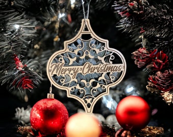 Merry Christmas Wood and Acrylic Ornament - Laser Cut and Engraved