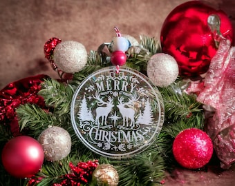 Merry Christmas Clear Acrylic Ornament - Laser Engraved - 3.5"
