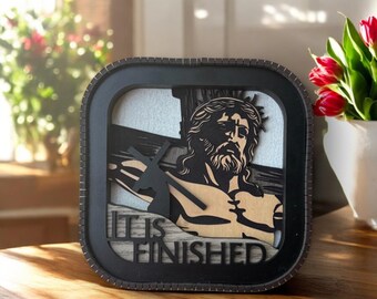 Laser Cut Wood Shelf Sitter – "It Is Finished" Christian Decor / Easter Decor