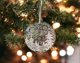 Winter Landscape Clear Acrylic Christmas Ornament - Embellished Design - 3.5" - Handmade