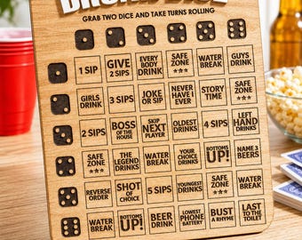 DRUNK DICE Drinking Game Board | Wooden Party Game | Adult Game Night Decor | Bachelor Party Game | Laser Engraved Dice Game