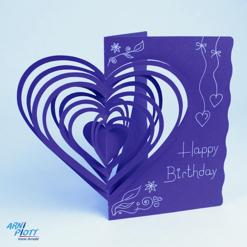 SVG Plotterdatei Geburtstagskarte mit Herz "Happy Birthday" als Popup mit Zeichnungg