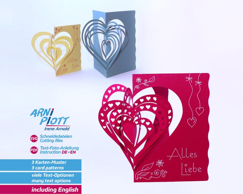 May include: Three papercraft card patterns featuring a layered heart design. The cards are in yellow, blue, and red. The red card has the text "Alles Liebe" on the front.