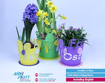 Archivo de trazador SVG Pascua - trazar papel de decoración de Pascua, regalos de Pascua, jardinera de felicitación de Pascua con flores reales, nido de Pascua, caja de regalo conejito de Pascua