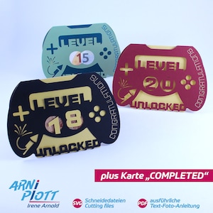 Plotterdatei Geburtstagskarte, Geldscheinkarte, Geldgeschenk, Volljährigkeit / 18. und runder Geburtstag, Gamer Level, Gamepad-Karte (018)
