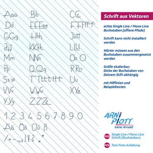 Echte Monoline Schrift, Singleline Font, Typografie im Vektorformat SVG –zum Zusammensetzen + Schreiben mit dem Plotter (Stiftwerkzeug)