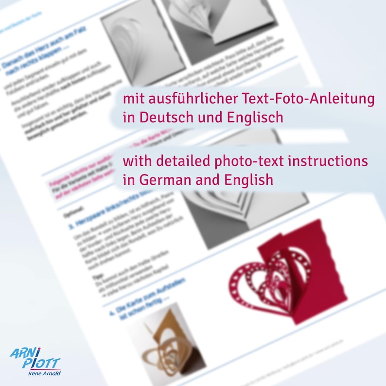 May include: A close-up of a paper craft project with detailed instructions in German and English. The project is a 3D heart made of red paper with white dots. The instructions include photos and text.