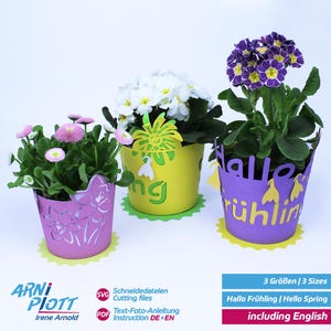SVG plotter bestand lente – plot lente decoratiepapier, cadeau bloempot, plantenbak lente groet echte bloemen, geschenkdoos vector