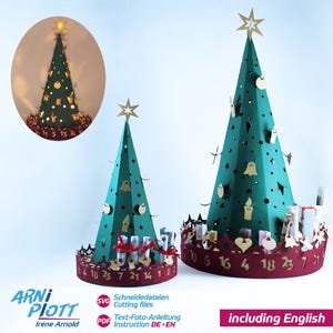 Fichier traceur Calendrier de l’Avent SVG pour bons d’achat, cartes à gratter, barres de chocolat, tubes à essai, arbre de Noël illuminé, traçage du calendrier de l’Avent