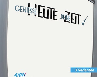 Könnte beinhalten: Ein weißer Hintergrund mit schwarzem Text, der "GENIESSE EUTE DEINE ZEIT" lautet, mit ein paar Sternen. Unter dem Text befindet sich ein Logo für "ARNI PIOTT" mit dem Text "Irene Arnold" und den Worten "Schneidedateien Cutting files" und "Kurz-Anleitung" in einem Kreis mit den Buchstaben SVG und PDF.