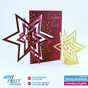Plotterdatei Weihnachtkarte Popup, SVG Pop-up Karte mit 3D Stern plotten, ausgefallene Weihnachtskarte + besondere Tischdeko Stern LED-Licht