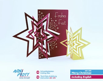 Plotterbestand Kerstkaartpop-up, SVG-pop-upkaart met 3D-sterrenplot, bijzondere kerstkaart + speciale tafeldecoratie met ster en LED-licht