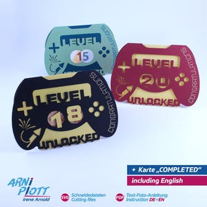 Arquivo SVG para plotter, ideal para cartão de aniversário, cartão com dinheiro, presente em dinheiro, cartão para maioridade/18 anos, aniversário marcante, nível de jogador, cartão de gamepad.