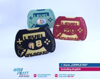 SVG plotter file for birthday card, money card, cash gift, card for coming of age / 18th birthday, milestone birthday, gamer level, gamepad card