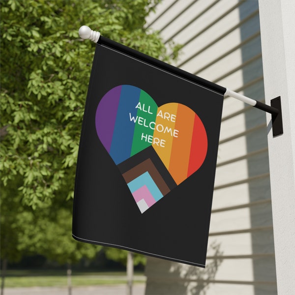 All Are Welcome Here Rainbow Heart Diversity Garden Flag Inclusive House Banner LGBTQ Pride Outdoor Decor Liberal Yard Flag Gay Pride