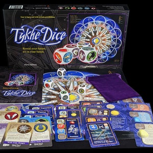 May include: Tykhe Dice board game with a purple velvet bag, dice, cards, and a game board with a circular design. The game board features a zodiac wheel with constellations and symbols. The cards are blue and purple with zodiac symbols and text.