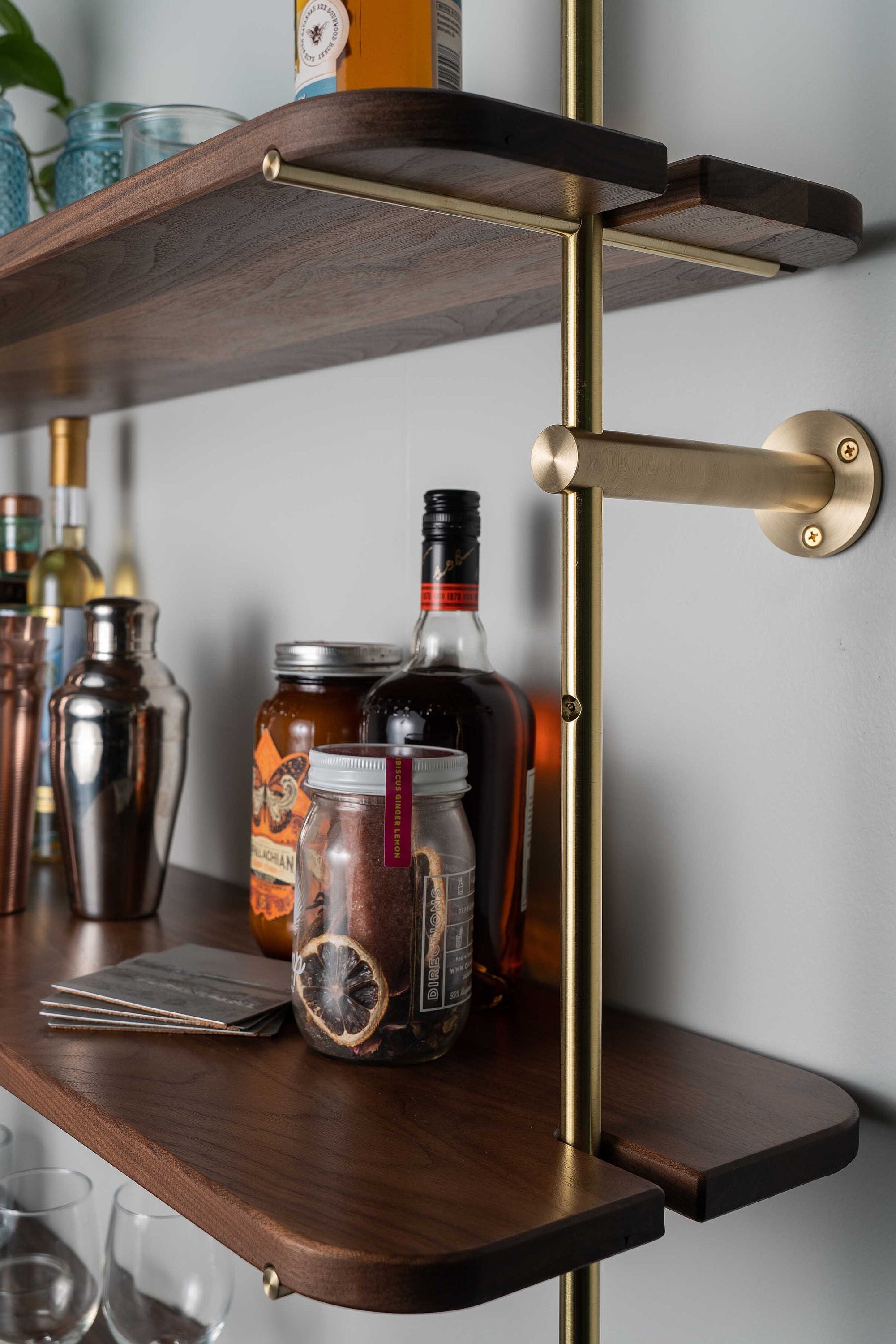 The Minimalist Brass and Walnut Shelves Fully Customizable up to 6 High