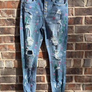 Upcycled Hand Painted  Floral Jeans