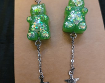 Green glittery  bear earrings