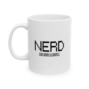May include: White ceramic mug with the word "NERD" in pixelated black letters, along with the binary code 101001110011. The mug has a curved handle and is suitable for hot or cold beverages.