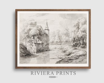 Castle River Vintage Sketch | Antique Landscape Art | Rustic Decor | Nature Wall Art | Digital DOWNLOAD | PRINTABLE | 55