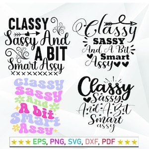 May include: A collection of four graphic designs with the phrase "Classy, Sassy, And A Bit Smart Assy" in various fonts and styles. The designs include floral and heart accents, and the bottom of the image lists file formats.