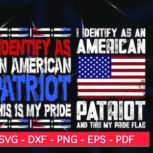 Può includere: Un design grafico con il testo "Mi identifico come un patriota americano. Questo è il mio orgoglio Patriot e questa è la mia bandiera di orgoglio." Il testo è in rosso, bianco e blu con un aspetto usurato. Una bandiera americana è sullo sfondo.