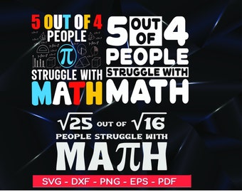 Op de afbeelding: Grafisch ontwerp met de tekst "5 van de 4 mensen worstelen met wiskunde". Het ontwerp bevat wiskundige symbolen en de tekst "SVG - DXF - PNG - EPS - PDF" in een rode banner onderaan. De achtergrond is donker.