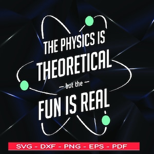 Könnte beinhalten: Ein schwarzer Hintergrund mit einem weißen Atomsymbol und dem Text "THE PHYSICS IS THEORETICAL - but the - FUN IS REAL" in Weiß. Das Atomsymbol hat drei grüne Kreise.