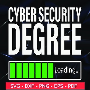 Op de afbeelding: Een grafisch ontwerp met de tekst "Cyber Security Degree" in witte letters op een zwarte achtergrond. Onder de tekst bevindt zich een voortgangsbalk met groene balken, met rechts van de balk de tekst "Loading..." De tekst "SVG - DXF - PNG - EPS - PDF" bevindt zich onder de voortgangsbalk.