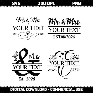 May include: Black and white digital designs with the text "Mr. & Mrs." and space for custom text. Each design includes the year "2026" and decorative elements. The designs are for commercial use.