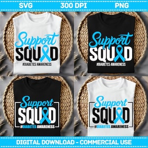 May include: Four t-shirts, two white and two black, each featuring the words "Support SQUAD" in a stylized font with a blue ribbon and the hashtag "#DIABETES AWARENESS". The shirts are displayed on woven baskets.