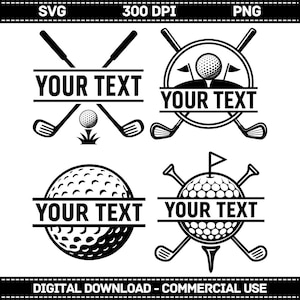 May include: Black and white golf-themed digital designs. Each design features golf clubs, golf balls, and the text "YOUR TEXT" in a horizontal banner. Suitable for commercial use.