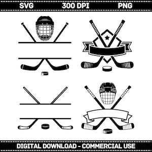 May include: Black and white hockey-themed digital graphics. The image includes hockey sticks, helmets, pucks, and banners. The text at the top reads "SVG 300 DPI PNG". The bottom text reads "DIGITAL DOWNLOAD - COMMERCIAL USE".