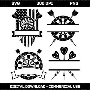 Op de afbeelding: Zwart-wit digitale illustraties van dartborden, darts en banners. Eén ontwerp heeft een Amerikaanse vlag als achtergrond. De tekst "DIGITAL DOWNLOAD - COMMERCIAL USE" staat onderaan.