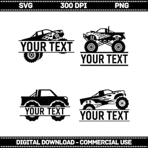 Puede incluir: Ilustraciones digitales en blanco y negro de monster trucks con el texto "YOUR TEXT" debajo. La imagen incluye indicadores de tipo de archivo SVG, 300 DPI y PNG, y el texto "DIGITAL DOWNLOAD - COMMERCIAL USE".