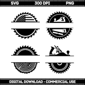 May include: Black and white digital download featuring six woodworking-themed designs. The designs include saw blades, a wood plane, and a wood saw. One design incorporates the American flag. The text "SVG", "300 DPI", and "PNG" are at the top. The text "DIGITAL DOWNLOAD - COMMERCIAL USE" is at the bottom.