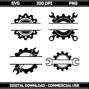 May include: Black and white digital design elements featuring gears and wrenches. Each design includes a gear with a horizontal bar for text, and some designs include wrenches. The top of the image reads "SVG 300 DPI PNG". The bottom of the image reads "DIGITAL DOWNLOAD - COMMERCIAL USE".
