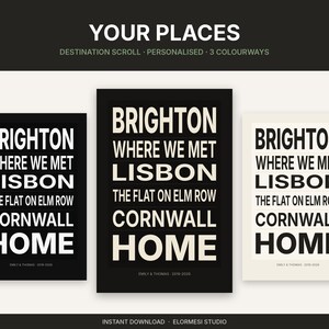 Puede incluir: Tres carteles rectangulares verticales titulados YOUR PLACES que presentan el texto BRIGHTON, WHERE WE MET, LISBON, THE FLAT ON ELM ROW, CORNWALL y HOME con los nombres EMILY & THOMAS y el rango de fechas 2019-2026 en la parte inferior.